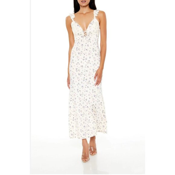 NWT Baby doll Y2K Lace Cream Floral Maxi Dress Tie Boho Chic Ruffle Forever 21 - Picture 1 of 13